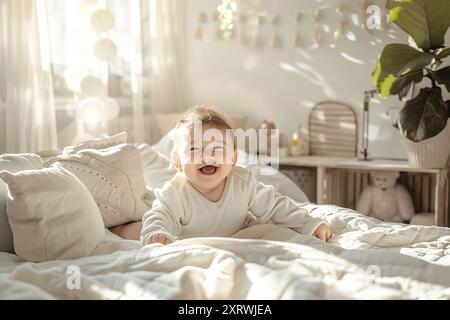 7 Monate altes Kind lächelt im Bett. Neugeborenes Mädchen lächelt auf beigefarbener Decke. Stockfoto