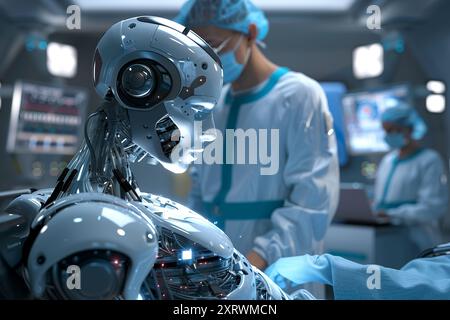 Futuristisches Krankenhaus: Zukünftiger Roboter, der automatisierte medizinische Versorgungsbetrieb für zukünftige chirurgische Präzisionsroboter durchführt. Stockfoto