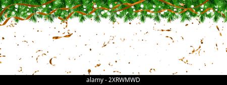 Festliche Weihnachtsdekoration mit grünen Zweigen Tanne und goldenem Konfetti. 3D-Rendering Stockfoto