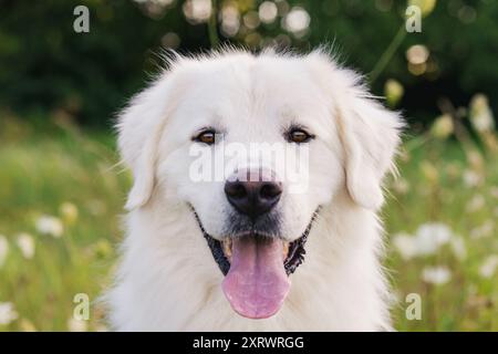 Niedliches großes weißes Hundeteil, Porträt. Toller Pyrenäenhund mit Kopfschuss draußen. Stockfoto