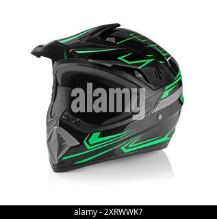 Neuer stylischer Motorradhelm isoliert auf weiß Stockfoto