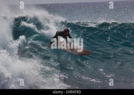 Surfer in der Sonne, der auf einer hugh Wave fährt Stockfoto