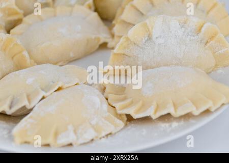 Hausgemachte Teigtaschen auf einem weißen Teller in Mehl, Nahaufnahme. Essen. Stockfoto