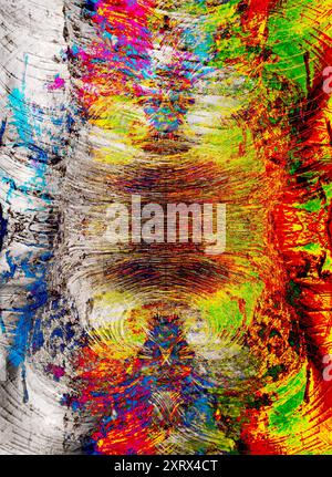 Abstrakte Schönheit oder interessante Formen finden Sie überall, wenn Sie nur hart genug hinschauen. Dies begann als Nahaufnahme der Rinde einer Silberbirke in Radley Village, Oxfordshire England. Aber dann wurde ich abenteuerlustig und verwandelte es in etwas farbenfrohes und abstrakteres, indem ich eine Kombination aus Photoshop-Techniken wie Bildfalten, Drehen, mehrschichtiges Überblenden, Transformationen und Verlaufskartierung nutzte. Ich hoffe, es gefällt dir! Stockfoto