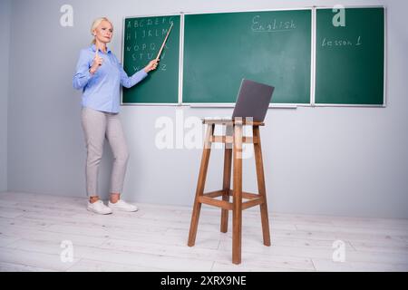 Foto einer wütenden qualifizierten, selbstbewussten Schullehrerin, die mit Schülern arbeitet, erklärt Material aus der Ferne Stockfoto