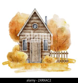 Gemütliches Watercolor Cottage mit Herbstbäumen. Zeichnung der Herbstlandschaft mit rustikalem Holzhaus. Handgezeichnetes Gemälde mit ländlicher Szene. Zuhause im Wald auf isoliertem Hintergrund. Skizze der Kabine. Stockfoto