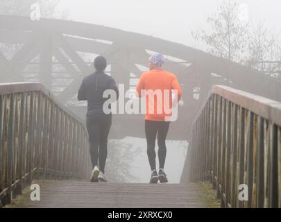 Ein landschaftlich reizvoller Teil der Themse, der in Kennington in den Hinksey Stream mündet. Dies ist Teil des Themsepfades und die Szene wird von zwei Brücken dominiert – einer verlassenen Eisenbahnbrücke, die viele Jahre ungenutzt war, in der Ferne; im Vordergrund eine Fußgängerbrücke über den Hinksey-Zufluss. Das Ergebnis ist eher abstrakt in der Komposition, besonders im Winternebel, mit zwei Joggern, die die Brücke überqueren. Stockfoto