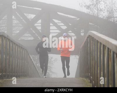 Ein landschaftlich reizvoller Teil der Themse, der in Kennington in den Hinksey Stream mündet. Dies ist Teil des Themsepfades und die Szene wird von zwei Brücken dominiert – einer verlassenen Eisenbahnbrücke, die viele Jahre ungenutzt war, in der Ferne; im Vordergrund eine Fußgängerbrücke über den Hinksey-Zufluss. Das Ergebnis ist eher abstrakt in der Komposition, besonders im Winternebel, mit zwei Joggern, die die Brücke überqueren. Stockfoto