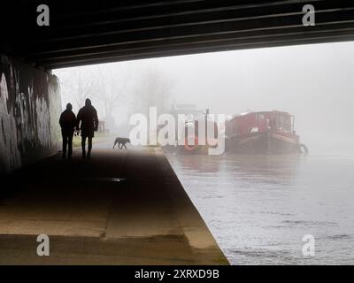 Unter einer alten Brücke über die Themse bei Kennington, Oxfordshire, im Winternebel. Wenn Sie wirklich wissen wollen, führt die Brücke die A423 Eastern Bypass um Oxford - nicht, dass Sie es von dieser idyllischen Szene aus erraten würden! Dies ist Teil des Thames Path Walkway, einer Strecke, die häufig von Radfahrern, Joggern und Hundebesitzern besucht wird - ganz zu schweigen von Fotografen! Stockfoto