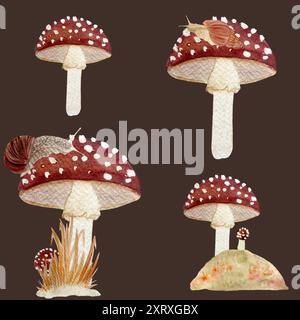 Fliegen Sie agarische rote Wildpilze und ein nahtloses Muster mit Schnecken-strukturiertem Aquarell auf dunklem Hintergrund. Handgezeichneter ClipArt für Kinder im Herbst Stockfoto