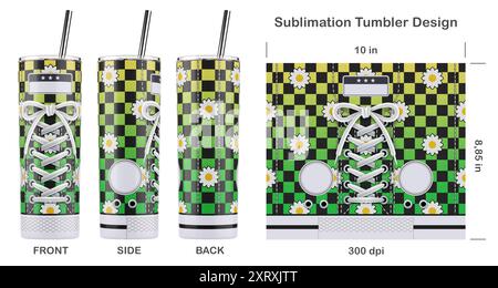 Trendiges Sneaker-Muster für Sublimation, 20 oz Skinny Tumbler. Nahtlos von Kante zu Kante. Volle Becherfolie. Stockfoto