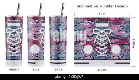 Trendiges Sneaker-Muster für Sublimation, 20 oz Skinny Tumbler. Nahtlos von Kante zu Kante. Volle Becherfolie. Stockfoto