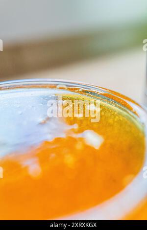 Golden Bee Honig frisch gefüllt in einem Honey Jar Extreme Nahaufnahme Stockfoto