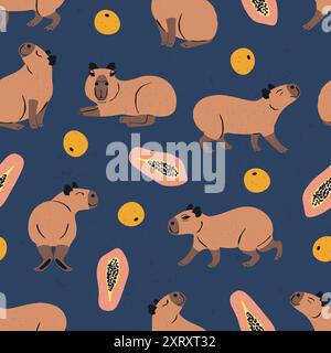 Nahtloses Muster mit lustigen Capybaras und Früchten Stock Vektor