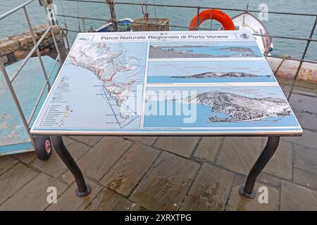 Portovenere, Italien - 1. Februar 2018: Informationen Karte des Naturparks Porto Venere Ligurische Küste Reisen. Stockfoto