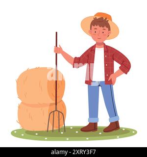 Ein Bauer in Arbeitskleidung steht mit einer Heugabel und sammelt Heu. Landwirt mit Heugabel in der Hand, sammelt trockenes Gras aus Stock Vektor
