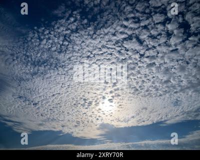 Vormittagswolkenlandschaft Altocumulus über der Themse bei Abingdon. Ich liebe es, in den Himmel zu schauen. Was man sieht, ist oft schön und ändert sich ständig; man sieht nie zweimal denselben Himmel. Wenn ich an den meisten Orten herumspaziere, bin ich normalerweise die einzige Person, die nach oben schaut; alle anderen sind mit Köpfen nach unten und gehen ihrem täglichen Geschäft nach. Sie wissen nicht, was ihnen fehlt... Stockfoto