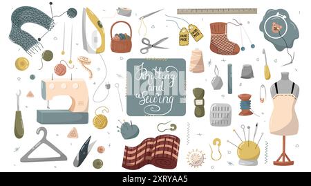 Hand gezeichnete Vektor-Illustration - Set von Strick- und Nähmaterialien. Handarbeit, Garn, Stifte, Knöpfe, Gewinde, Nadelstange, Makramee, Nähen. Perfekt Stock Vektor