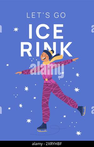 Wintersportler. Eislaufbahn. Fröhliche Frau beim Skaten. Sportler in Sportbekleidung. Urlaub in der kalten Jahreszeit. Eiskunstlauf. Cartoon Happy Skater. Gefrorener Park Stock Vektor