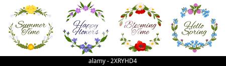 Wildblumenkränze. Romantisch schöne runde Rahmen aus Wiesenblumen. Dekorative Pflanzenringe. Mohn und Klee. Hallo Frühling. Sommerblüten Stock Vektor
