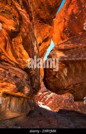 Atlatl Rock Aussichtspunkt, Petroglyphs, Valley of Fire State Park, Mojave Desert, Nevada Stockfoto