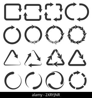 Einfache Symbole für Ladungen. Aktualisieren Sie schwarze Zeichen. Bewegliche Pfeile. Grafikelemente. Drehrichtung. Warten auf Prozess. Umweltfreundliches Recycling. Dreieckig, rund und Stock Vektor