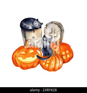 Aquarellkomposition des Halloween-Themas mit Grabstein, süße flauschige schwarze Katzen, orange Kürbisse, handgezeichnete Zeichentrickillustration für Oktober-Veranstaltung, Stockfoto