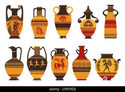 Griechische Zeichentricktöpfe. Historische Keramik. Traditionelle Tonvasen. Antike Gefäße mit antiken Mustern. Steingut mit Malerei Stock Vektor
