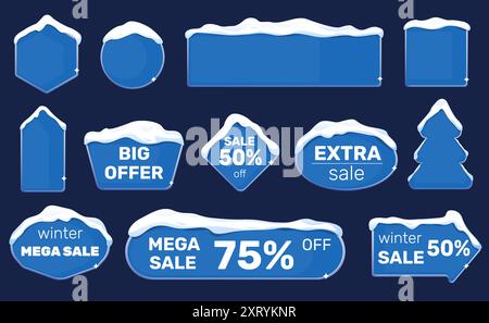 Banner mit Schneeiskappen. Winterverkäufe. Weihnachts- oder Neujahrsrabatt. Kalte Jahreszeit. Verschiedene Formen, bedeckt mit Schneetreiben. Sonderangebot anzeigen Stock Vektor
