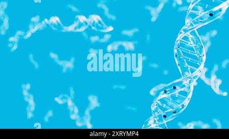 Glas-DNA-Doppelspirale auf blauem Hintergrund. Wissenschafts- und Biotechnologiekonzept. 3D-Rendering-Abbildung Stockfoto