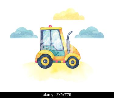 Gelber Traktor mit grüner Karosserie und pinkfarbenen Details auf einem Hintergrund mit Wolken. Fahrzeugspielzeug Watercolor Clipart zur Verwendung in industriellen Designs, lehrreichen Illustrationen oder Geburtstagseinladungen Stockfoto