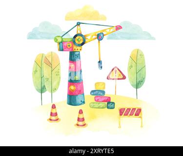 Farbenfroher Turmkran auf einer Baustelle mit Barrieren, Straßenschildern und Bäumen. Fahrzeugspielzeug Watercolor Clipart zur Verwendung in Illustrationen von Bauprojekten, Märchenbüchern für Kinder oder Postern Stockfoto