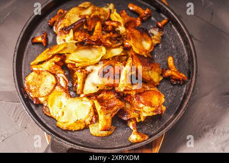 Gebratene Kartoffeln mit Pilzen Chanterellen in einer schwarzen gusseisernen Pfanne mit einer Gabel auf grauem Hintergrund. Hochwertige Fotos Stockfoto