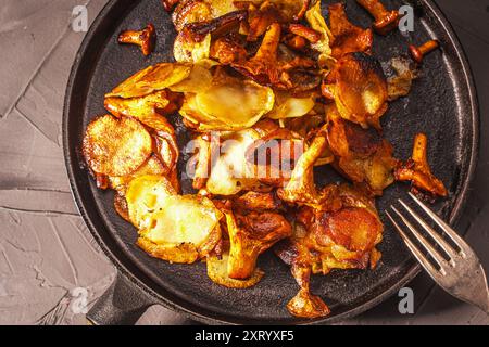 Gebratene Kartoffeln mit Pilzen Chanterellen in einer schwarzen gusseisernen Pfanne mit einer Gabel auf grauem Hintergrund. Hochwertige Fotos Stockfoto