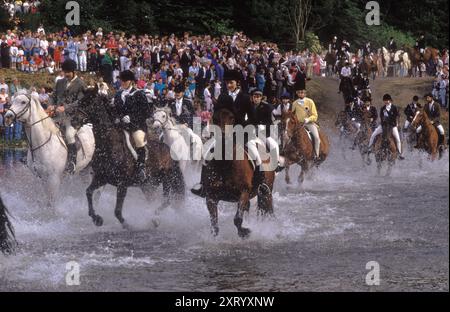 Braw Lads Meeting, Galashiels, das jährliche Reiten der Parish Boundaries - Common Ridings, das jedes Jahr im Juni stattfindet. Wir fahren den Fluss Tweed bei Galafoot vor. Galashiels, Selkirkshire, Schottland. Juni 1992 1990, UK HOMER SYKES Stockfoto