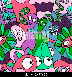 Cartoon Doodle Halloween Aliens nahtloses Monster Muster zum Einpacken von Papier Stockfoto