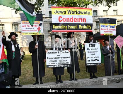 LONDON, ENGLAND: 12. August 2024: Hunderte von Demonstranten protestieren gegen das Ende des Massakers in Gaza und den Völkermord an den Palästinensern Proteste gegen den israelischen Luftangriff auf die Waffenlieferungen einer palästinensischen Schule durch die USA haben mehr als 100 Menschen getötet. Quelle: Siehe Li/Picture Capital/Alamy Live News Stockfoto