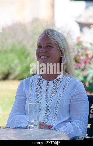 Stamford, Großbritannien. August 2024. Die örtliche Reiterin Nicole Mills während des Media Day vor der Veranstaltung vor den Defender Burghley Horse Trials 2024 auf dem Gelände von Burghley House in Stamford, Lincolnshire, England, Großbritannien. Quelle: Jonathan Clarke/Alamy Live News Stockfoto