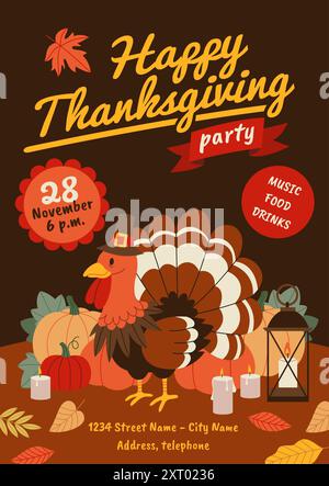 Poster zum Thanksgiving-Tag. Happy Family Dinner Einladung, truthahn in Pilgermütze, Erntefest, Herbstfest, Feiertagsfeier Stock Vektor