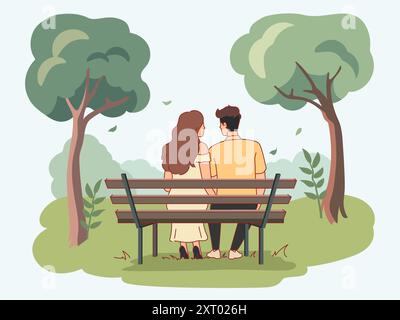 Romantisches Paar im Park. Liebende sitzen auf der Bank, Blick von hinten, glückliche Beziehung Freund und Freundin, Leute verbringen Zeit miteinander, Zeichentrick Stock Vektor