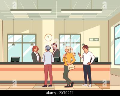 Warteschlange bei Bank. Geschäftseinrichtung mit Büroangestellten, Kunden stehen in Reihe, Leute, die auf ihre Reihe warten, Finanzinvestitionen, Zeichentrickfilm Stock Vektor