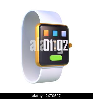 Ein weißes 3D-Smartwatch-Modell bietet ein schlankes, realistisches Rendering, das das moderne Design und die detailreiche Anzeige unterstreicht. Stockfoto