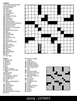 American Crossword Puzzle Spiel mit 15 x 15 Quadraten mit Hinweisen und Lösung. Stock Vektor