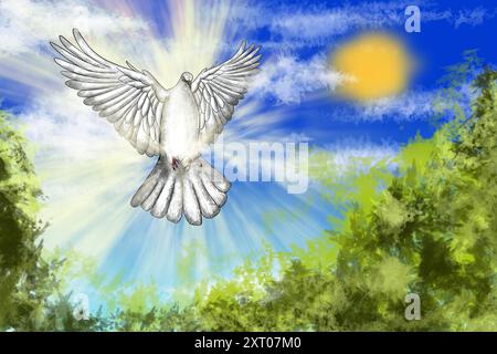 Weiße Taube, die anmutig durch einen sonnigen Himmel schwebt, steht für Frieden, Hoffnung und Neuanfänge Stockfoto