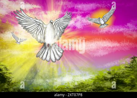 Weiße Taube, die in einem bunten Himmel fliegt, repräsentiert Hoffnung und Frieden Stockfoto