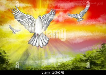 Weiße Taube, die in einem bunten Himmel fliegt, repräsentiert Hoffnung und Frieden Stockfoto