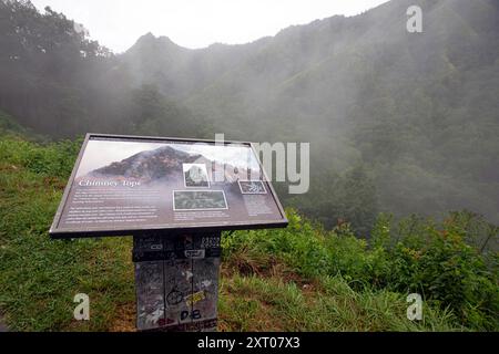 Great Smoky Mountains National Park, Tennessee, USA – 19. Juli 2024: Informationsschild mit Informationen über Chimney Tops mit Blick auf den Berg im B Stockfoto