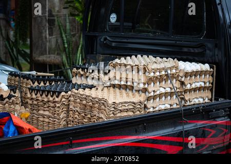 Eierkartons stapelten sich hoch auf einem schicken Truck auf den Philippinen. Hochwertige Fotos Stockfoto