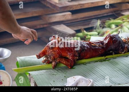 Lechon auf einem Bananenblatt außerhalb von Cebu auf den Philippinen. Hochwertige Fotos Stockfoto