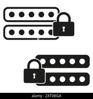Server-Sicherheitssymbole. Datenschutzvektor. Schwarz-weiß-Design. Sperre- und Datenbanksymbole. Stock Vektor